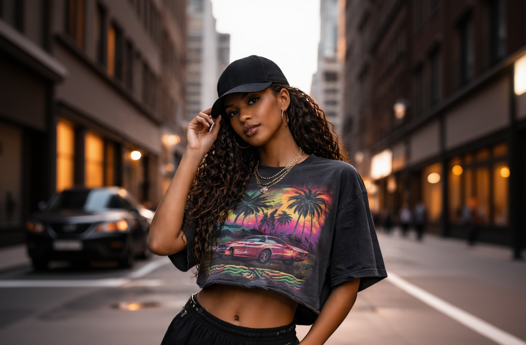 Woman wearing a graphic t-shirt with a car and palm tree design on a city street.
